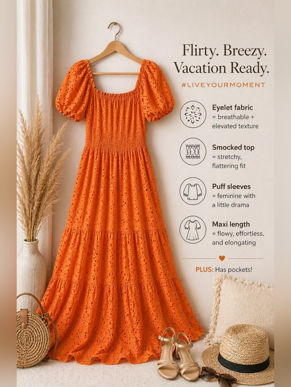 NWT XL Pretty Garden- Coral-Orange Puff-Sleeve Eyelet Maxi Dress WITH POCKETS!